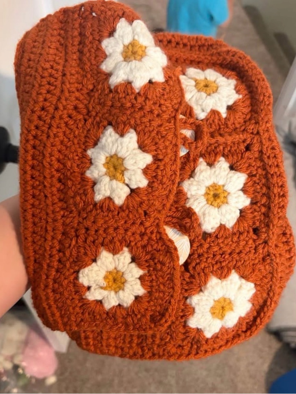 Handmade Rust Crochet Daisy Bible/Book Cover/Bag with Cream and Gold Flowers